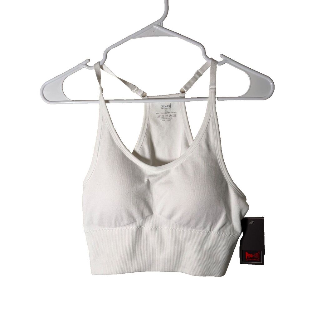 Pro Fit Sports Bra Women's XL White Sleeveless Padded Athletic Active V-Neck